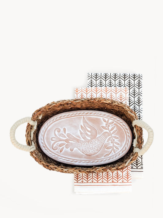 Bread Warmer & Basket Gift Set with Tea Towel - Bird Oval-0